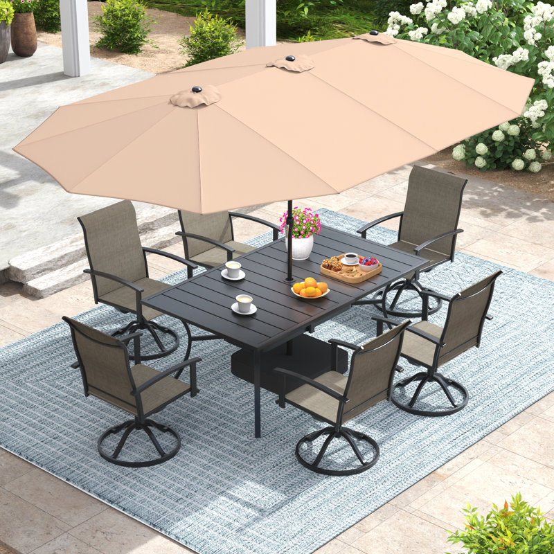 6-Person Rectangular Patio Dining Set With Umbrella & Textilene Swivel Chairs, Brun / Beige
