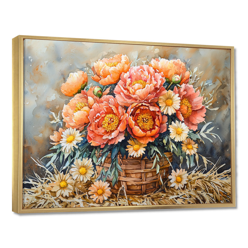 Moisson d'automne pivoines à la grange II - pivoines, art mural, H 30 po x l 40 po, Avec cadre, Doré