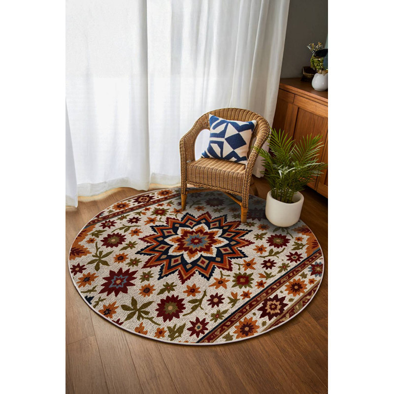 Jazeera Collection Digital Print Cotton-Polyester Brown Floral Rug, Round 2'8"