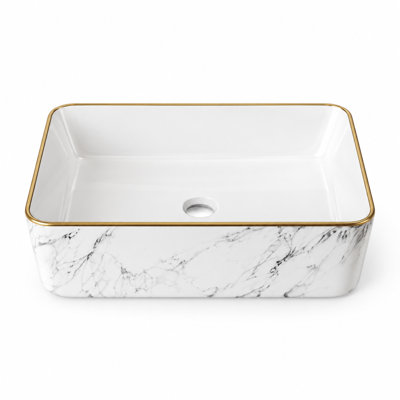 Lavabo-vasque rectangulaire en céramique, aspect marbre blanc, 48 cm (18,9 po) de largeur x 37 cm (14,56 po) de profondeur, avec bordure dorée et bonde standard de 4,4 cm (1,75 po).