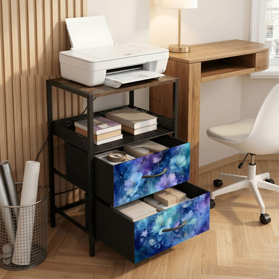 2 Drawers Nightstand with Charging Station, Bedroom Nightstand with USB Ports &amp; Outlets Open Shelf Black, night stand with Watercolor Floral Artwork Blue Purple Flowers Abstract Galaxy Print
