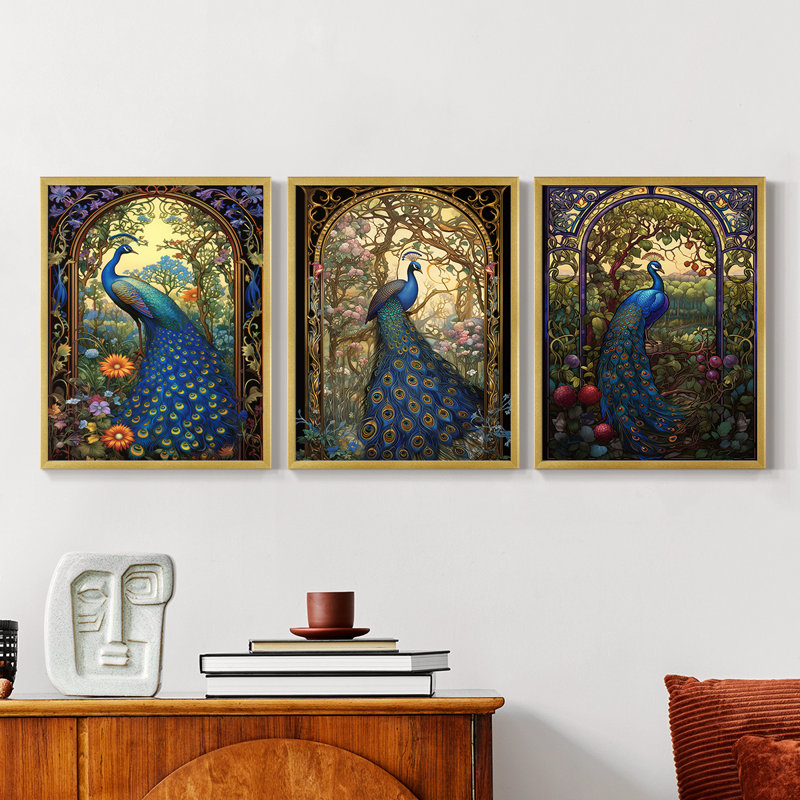 Série Peacock - Ensemble de 3 estampes numériques encadrées - Prêt à être accroché, Doré, H 14 po x l 11 po