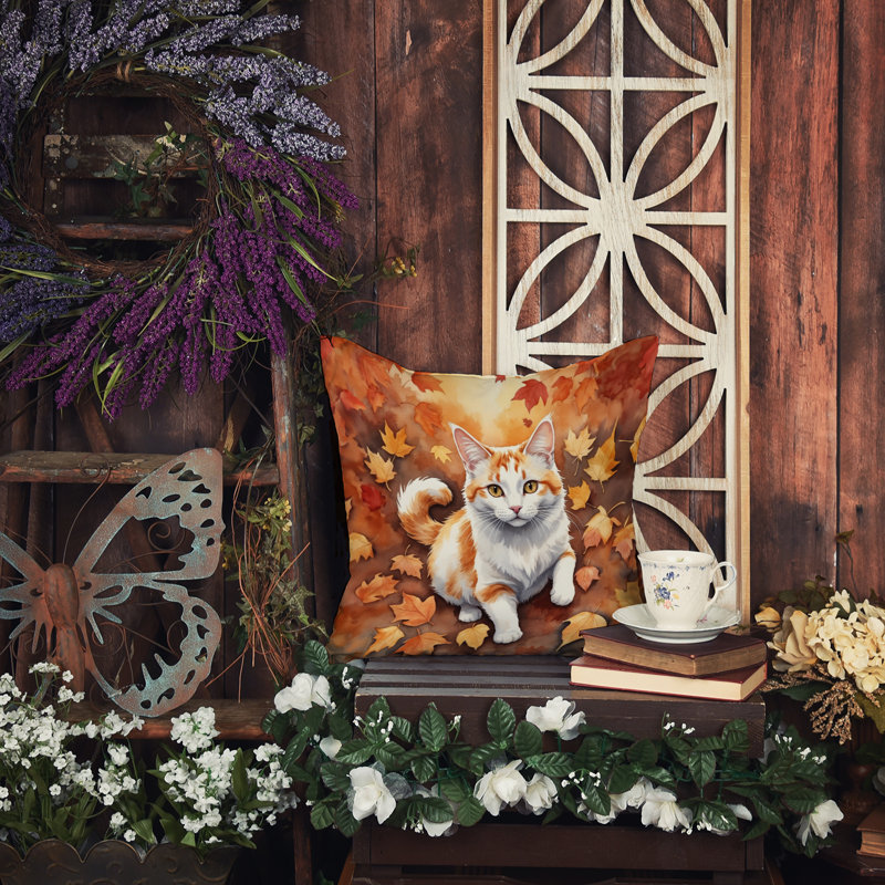 Turkish Van Cat in Fall Leaves Throw Pillow, Square 14"
