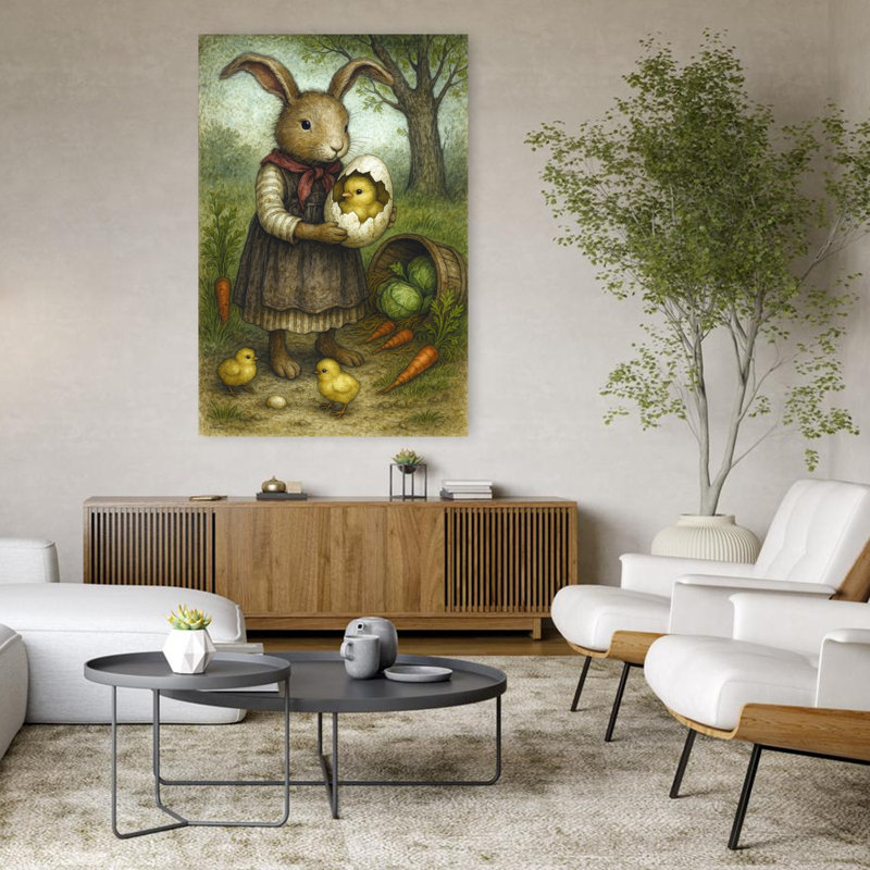 Art contemporain contemporain fantaisiste, paysage de lapin abstrait au printemps, H 48 po x l 32 po