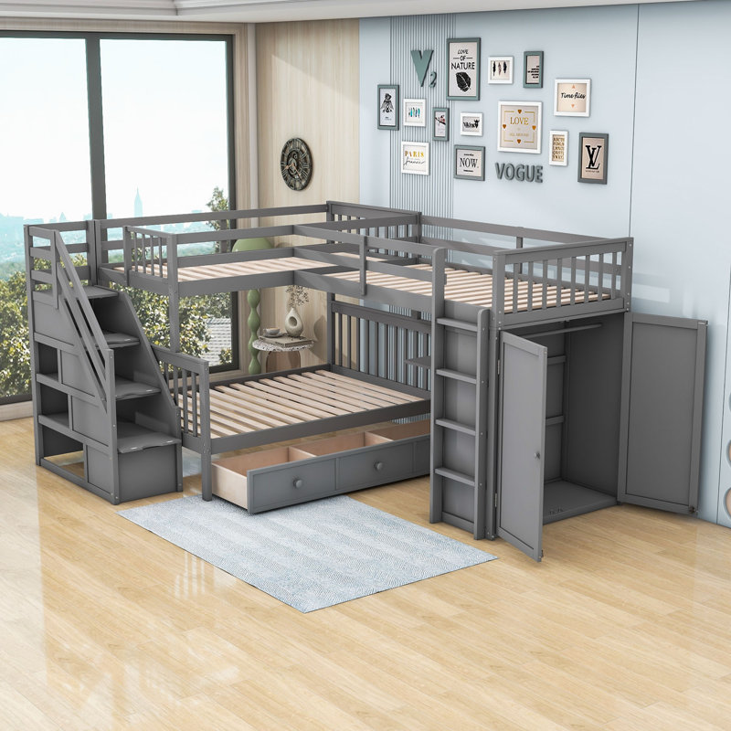 Januita 3 Drawer L-Shaped Bunk Beds with Shelves by Harriet Bee, Gray