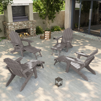 4pcs Folding Adirondack Chair with Retractable Ottoman and Cup Holder Adjustable Adirondack Chair with Footrest Set by Rosecliff Heights