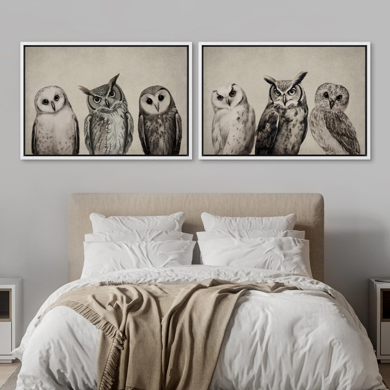 Oiseaux, animaux, hiboux, animal, 2 pièces, H 16 po x l 24 po, Cadre blanc