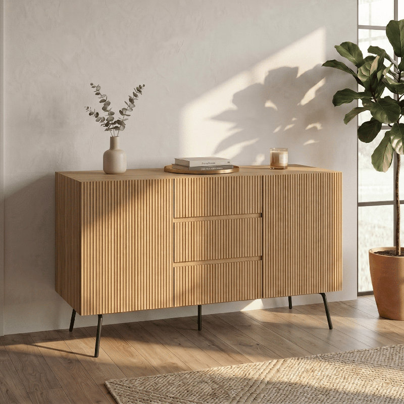 NTC Veil Sideboard with 2 Doors and 3 Drawers, Buffet Cabinet with Vertical Groove Design and Metal Legs, Storage Cabinet for Living Room, and Entryway, Effortless Assembly
