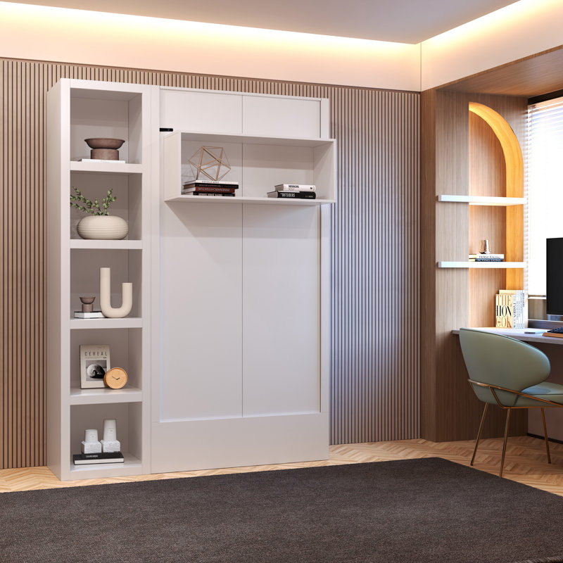 Lit escamotable avec bibliothèque Easy-Lift, Blanc, Lit simple