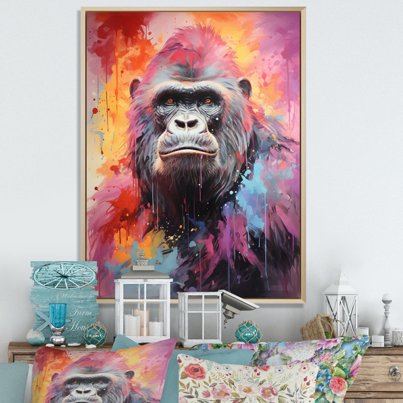 Rose et noir Popart Gorilla - imprimé, H 32 po x l 16 po x P 1 po, Cadre naturel flottant