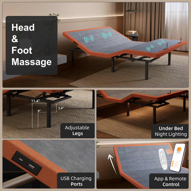 Adjustable Bed Frame With Pillow Tilt, Massage, Wireless Remote, App Control, Underbed Light, USB & Type C Ports on both sides