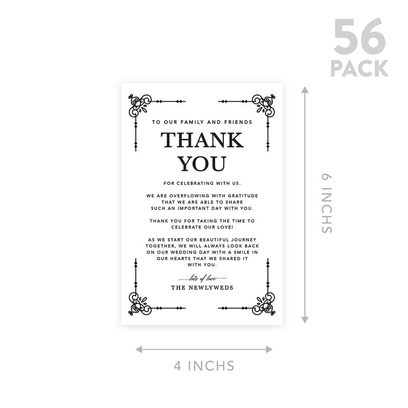 Ensemble de 56 cartes de remerciement noires pour la réception de table, famille, amis, art déco noir