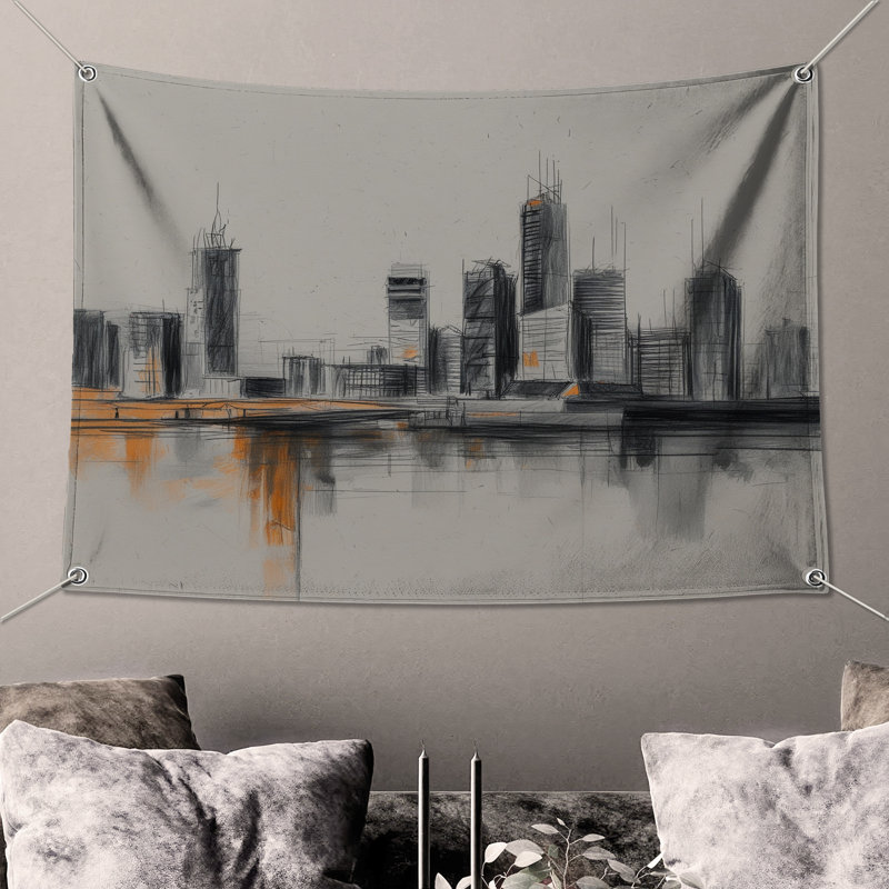 Tapisserie murale Urban S croquis urbain - Décoration murale paysage urbain, 104 po H x 88 po avec 4 œillets