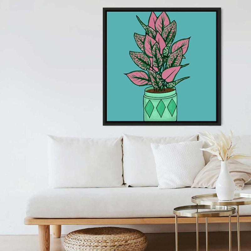 «Pots Plant On Teal III» par Jen Bucheli - impression sur toile, 24" H x 24" W, Black
