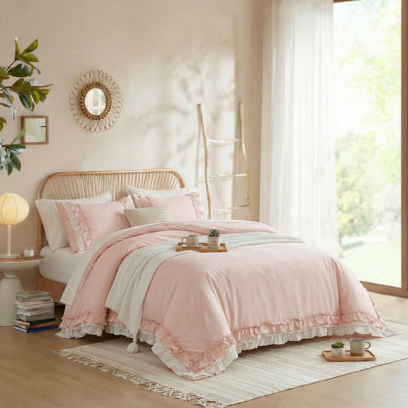 Ensemble d'édredon rose à volants en coton rose, Rose, Édredon très grand et 2 taies d'oreiller