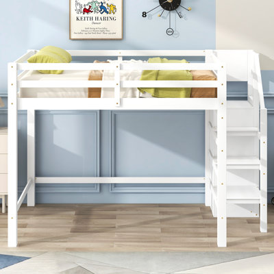 Lit mezzanine double avec garde-robe et escalier de rangement intégrés, blanc (ancien SKU: SM000527AAK)