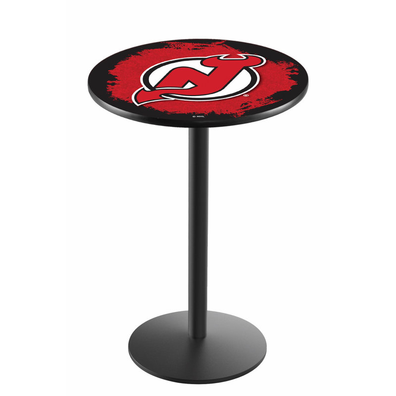 NHL Round Metal Base Dining Table, New Jersey Devils, Black Wrinkle