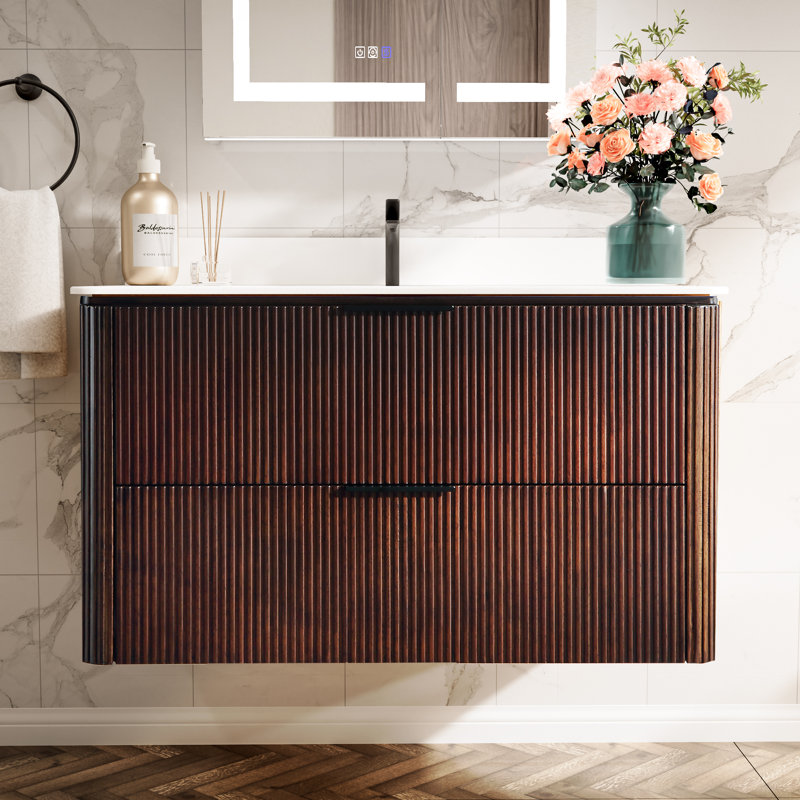 Meuble-lavabo mural 36 po au fini noyer avec armoire en bois massif et comptoir une pièce en acrylique, Noyer, Noir, 36"