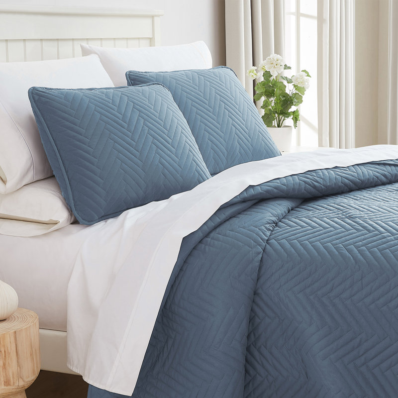 Ensemble de courtepointe légère surdimensionnée en microfibre prélavée à chevrons, Bleu