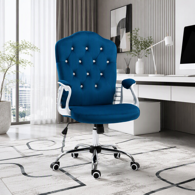 Fauteuil de bureau en velours capitonné, polyester, Blue, Blue