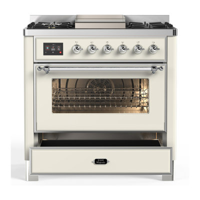 Majestic III Series 36 Inch Dual Fuel Range with 6 Sealed Burners, Griddle, in Glossy Black (Natural Gas, Brass Trim)