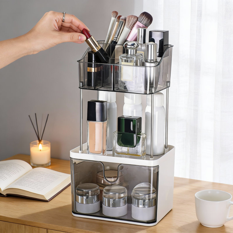 Organisateur de maquillage à 2 niveaux à 1 tiroir pour meuble-lavabo et comptoir de salle de bain | Rangement cosmétique gris peu encombrant