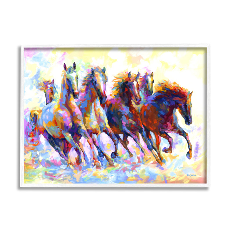 Peinture sur bois Vivid Wild Horses par Leon Devenice, H 24 po x l 30 po, Giclée encadrée blanc bord de mer