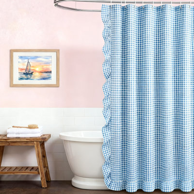 Rideau de douche à volants en vichy, rideau de douche en coton écossais campagnard rétro avec 12 crochets pour décor de baignoire, (rouge)