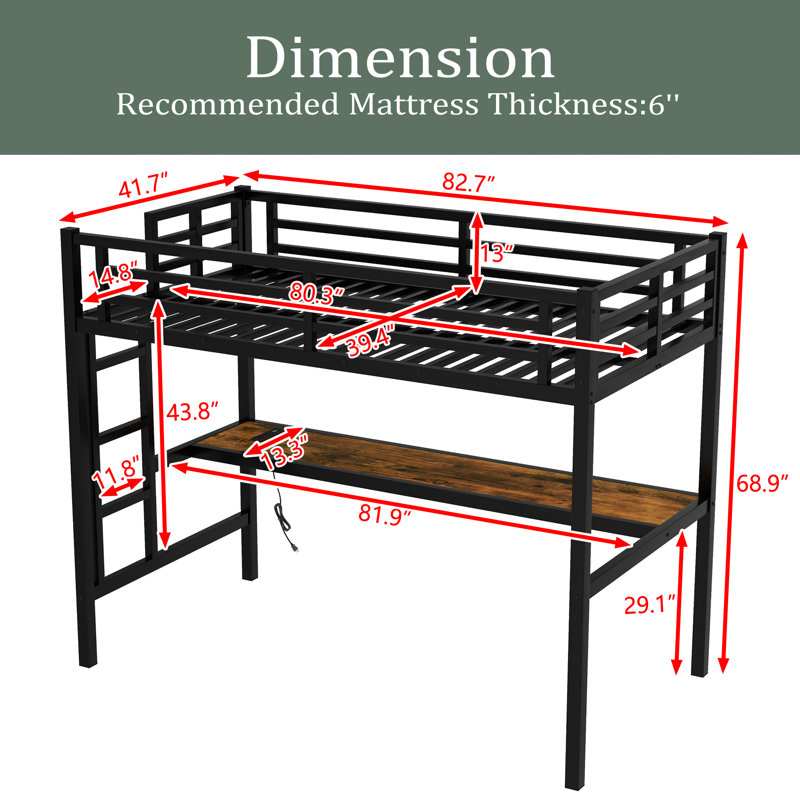 Metal Twin XL Size Loft Bed With Power Outlet And LED Lighted, Space-Saving, Noise Reduced