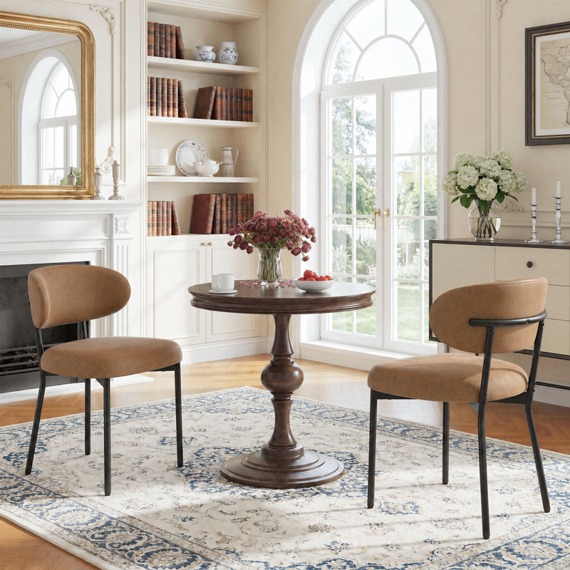 Modern Upholstered Dining Chair, Metal Legs, 2P, Brown Faux Leather