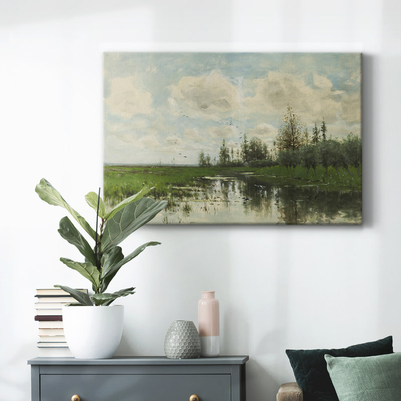 Paysage rétro - XLVI, H 13 po x l 19 po, Vert clair / Beige, Toile tendue