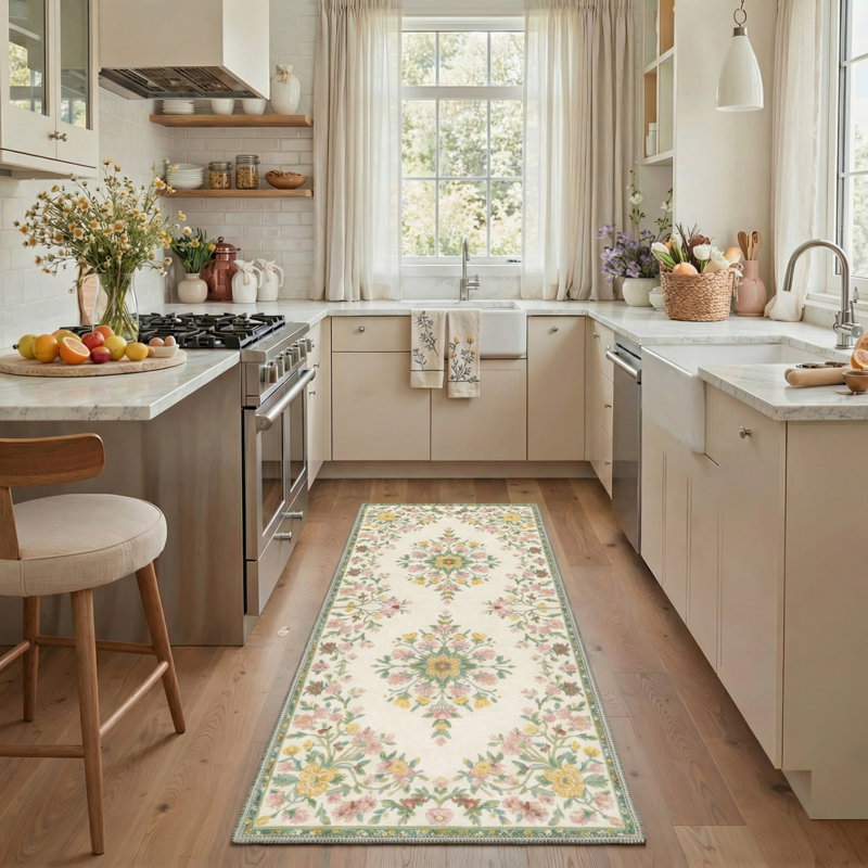 Abadou Verdant Floral Vines Machine Washable Blush Sage Indoor Area Rug With Non-Slip Backing, Runner 2'3" x 6'