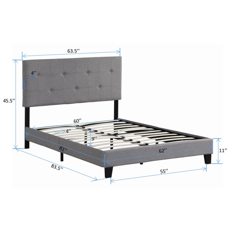 Full Size Modern Upholstered Platform Bed Frame w/ Tufted Linen Headboard, No Box Spring Needed,Grey, Gray, Queen