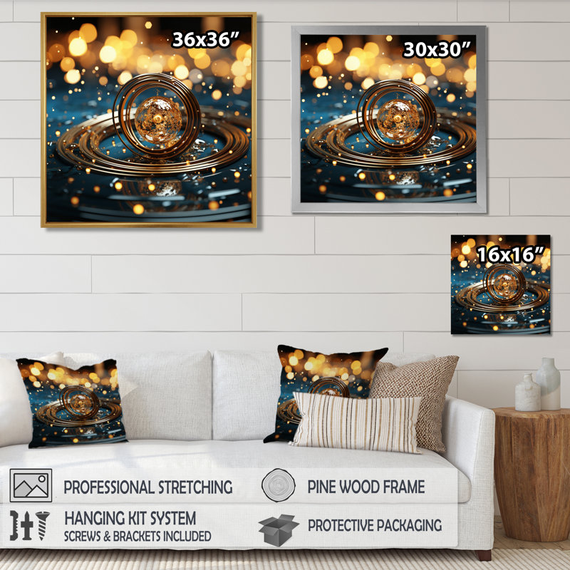 Sphère dorée sarcelle galaxie - art mural abstrait, Toile tendue, H 16 po x l 16 po x P 1 po