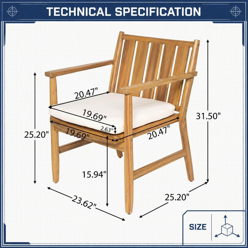 Chaises de salle à manger d'extérieur à accoudoirs en bois d'acacia 2 pièces avec coussins amovibles, siège robuste résistant aux intempéries avec dossier à lattes, capacité de poids de 400 lb