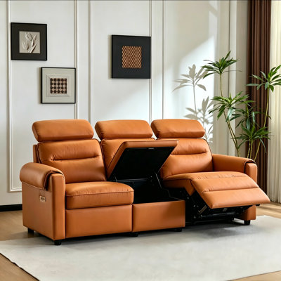 Shugar 87‘’ W 3-Seat Pillow Top Arm Brown Faux Leather Recliner Sofa With Storage