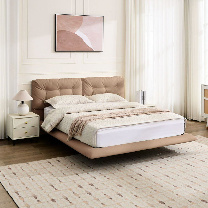 Cadre de lit flottant rembourré kaki de grande taille, cuir d'unité centrale avec conception à boutons, sans sommier, lattes, facile à monter, lumières DEL à télécommande pour cadre de chambre à coucher, lit, six couleurs