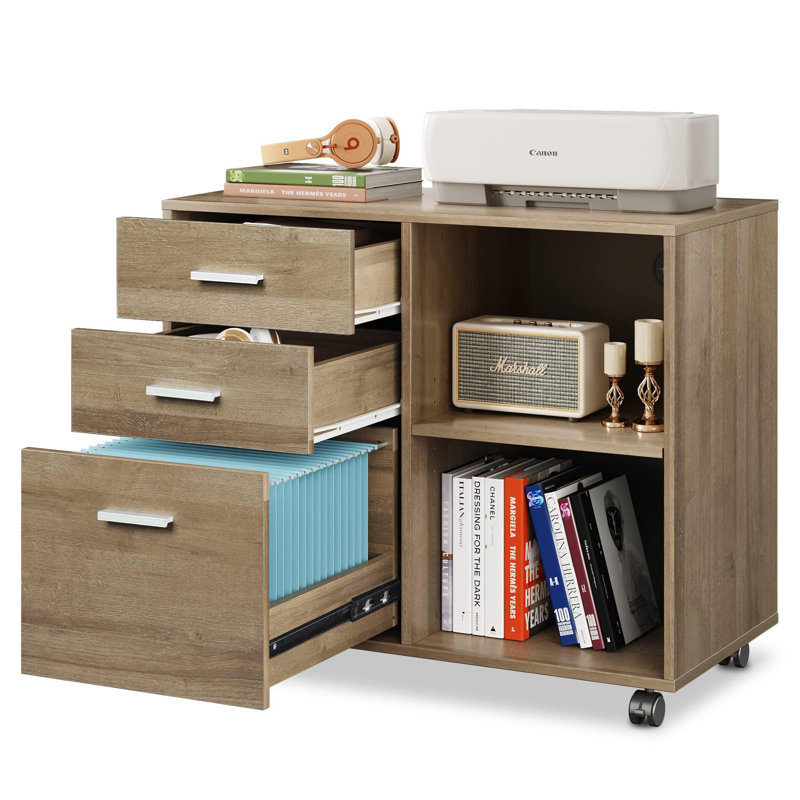 Classeur en bois à 3 tiroirs de 31,5 po de largeur Cambrie, classeur mobile avec tablettes, classeur latéral avec tablettes interchangeables pour le bureau personnel