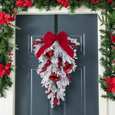 30"H Flocked Red Bell & Berry Bow Teardrop