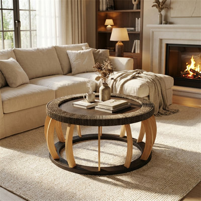 Table basse ronde, structure en bois massif avec tissage en rotin, pieds courbés, style bohémien, noir et brun, noir et brun