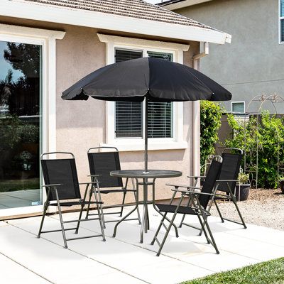 6 pièces pour l'extérieur pour 4 personnes en noir. Table de patio, chaises et parasol. Pliant avec un matériau de rembourrage respirant. Table ronde en verre, jardin, cour, bord de piscine. Shatter-. L 20,25 po x P 25,25 po H 36,5 po