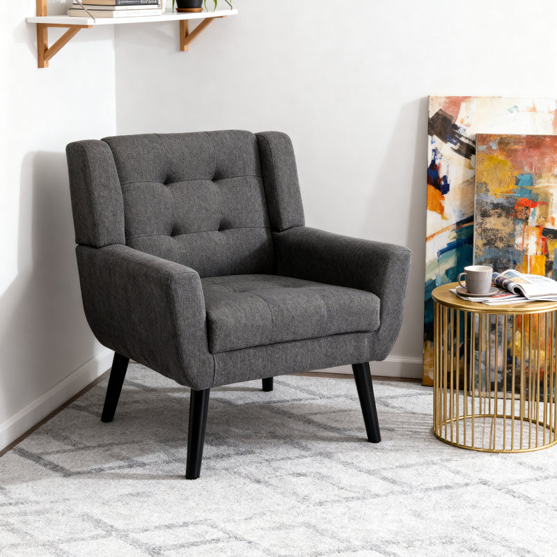 Tufted Upholstered Wide Back Armchair（Set of 2）, Dark Gray Linen Blend