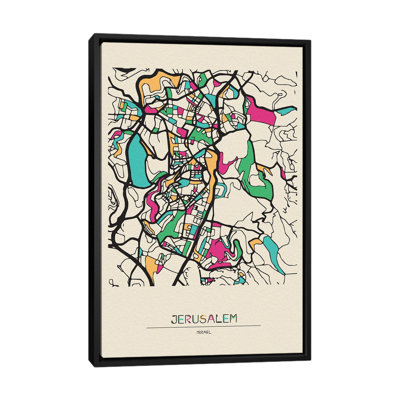 Jerusalem, Israel Map by Ayse Deniz Akerman - Floater Frame Gallery-Wrapped Canvas Giclée on Canvas