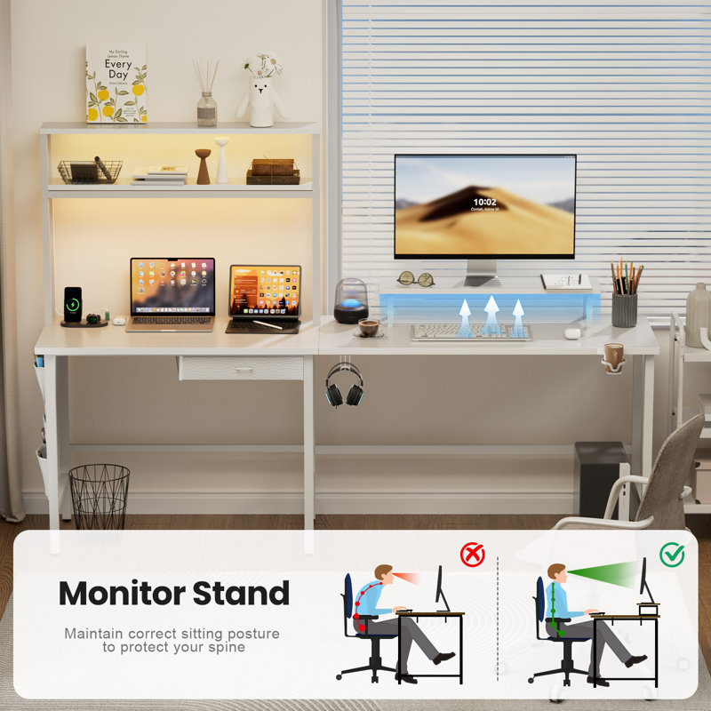 HLDIRECT 67 Inch Reversible L-Shaped Gaming Desk with LED Lights, Power Outlets & Drawer, 2-Person Home Office Desk with Monitor Stand, Shelves & Storage Bag, for Gaming, Work & Streaming, White