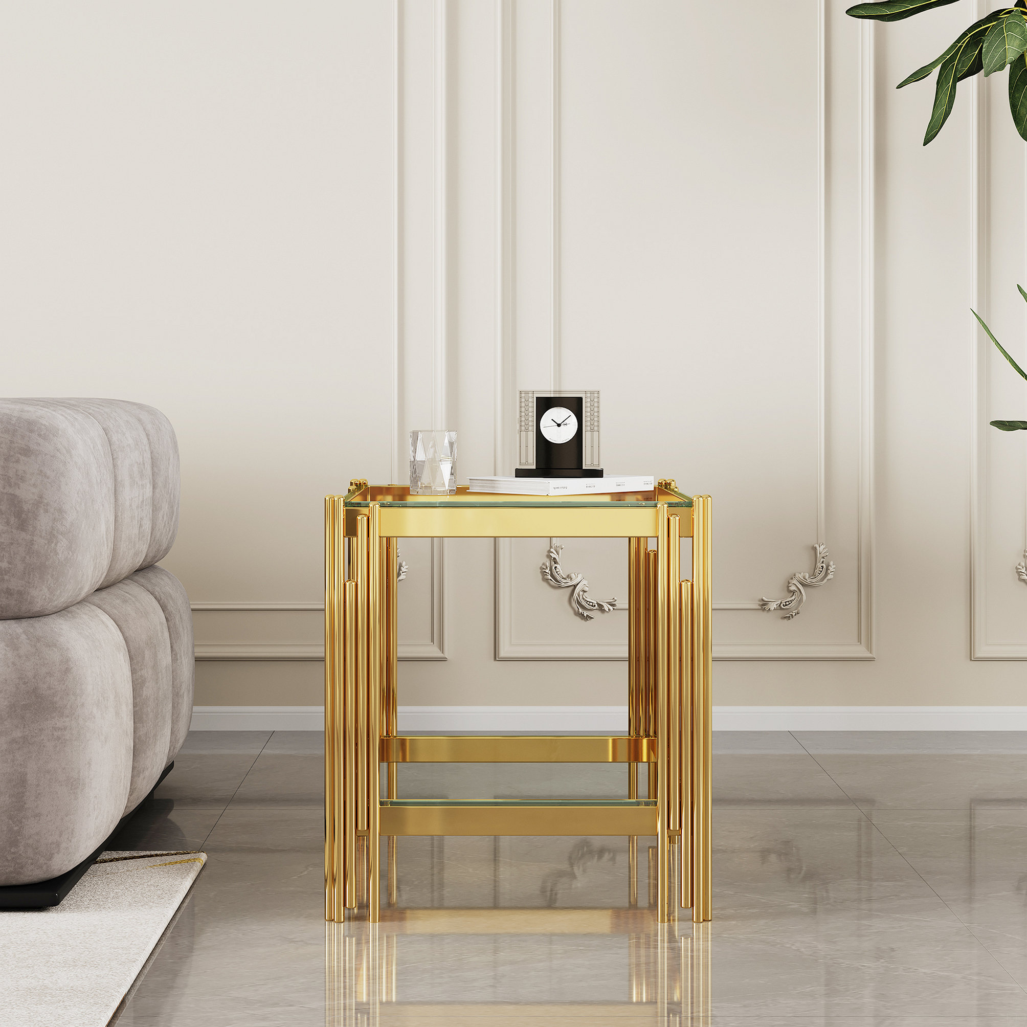 Orren Ellis Square End Table With Black Glass Top, Golden Stainless ...