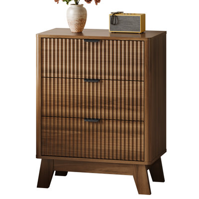 3-Drawer Fluted Nightstand with Storage, 24" Wide Mid Century Modern Bedside Table, End Table with Metal Handles & Splayed Legs, Small Dresser for Bedroom, Living Room,