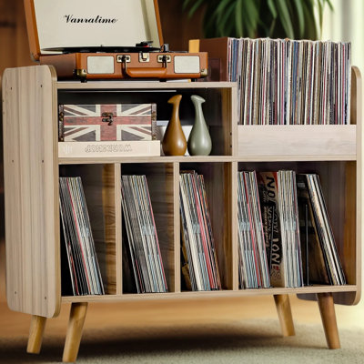 Record Player Stand, Large Mid Century Turntable Table with Open Vinyl Storage and Display Shelf, Holds up to 350 Albums, Wooden Cabinet for Living Room Bedroom, Walnut