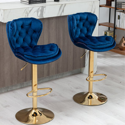 2 tabourets de bar pivotants et réglables en hauteur, velours bleu marine avec pieds dorés, repose-pieds et base, 2 tabourets rembourrés de mousse, + hauteur réglable, siège