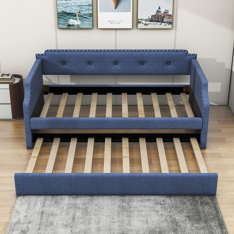 Venancio Twin Size Upholstered Daybed with Twin Size Trundle and Slat Support, Blue