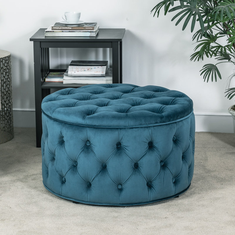 Dark Teal Velvet Tufted Round Storage Ottoman